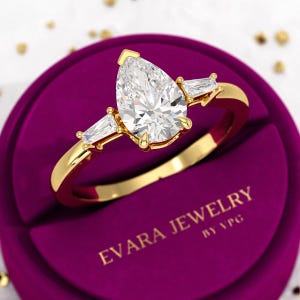 3 Carat IGI Certified Pear Cut Lab Created Three Stone Diamond Engagement Ring, Pear Cut Side Diamonds, 14k Yellow Gold Band Gift For Women