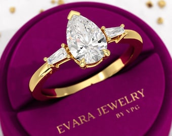 3 Carat Pear Cut Lab Diamond Engagement Ring: Three Stone 14k Yellow Gold