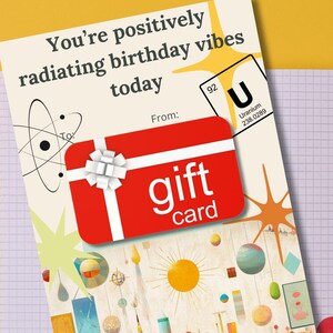 Titulaire de la carte-cadeau anniversaire uranium humour atomique 5 x 7 et 4 x 6 téléchargement immédiat célébration voeux thème science nerd nucléaire