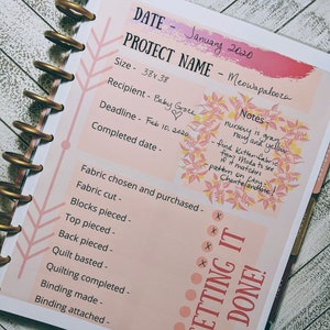 May include: A pink and white planner page with a checklist for a quilting project. The project is called "Meowapalooza" and is a 38x38 inch quilt for Baby Grace. The deadline for the project is February 10, 2020. The checklist includes tasks such as fabric chosen and purchased, fabric cut, blocks pieced, top pieced, back pieced, quilt basted, quilting completed, binding made, and binding attached. The checklist is marked with checkmarks and circles to indicate completion. The page also includes a section for notes with the text "nursery is gray, navy and yellow. find Kitten fabric from Moda to see if it matches pattern on Chantelandme!"