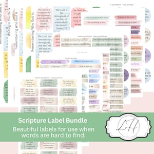 May include: A collection of scripture labels in various shapes and sizes, featuring inspirational quotes and phrases. The labels are in shades of blue, pink, and yellow, with the words "Scripture Label Bundle" at the bottom.