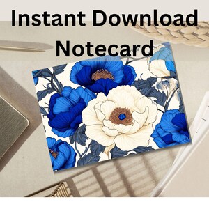 Cartes de correspondance vierges florales bleues crème sur l'ensemble du papier téléchargement instantané simple ou recto-verso Merci papeterie imprimable commerciale personnelle audacieuse