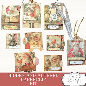 May include: A collection of vintage-style Christmas paperclip tags. Each tag features festive imagery, including Santa Claus, animals, and holiday greetings like "Merry Christmas" and "Noel." The tags are adorned with ribbons and decorative elements.