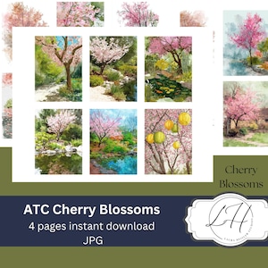 ATC Cherry Blossom Digital Download ATC Kirschblüte Sammlerkarten Sakura Baum Junk Journal Ideen Scrapbooking liefert druckbare Ephemera rosa Blume