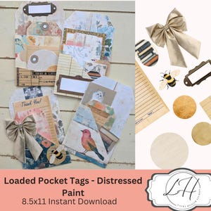 Große beladene Taschenanhänger für Junk Journals und Scrapbooking Distressed Paint Theme Papier Journaling Verzierungen Blumen- und Vogeldesigns