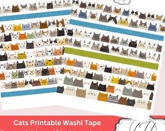 Printable Cat Washi Tape Junk Journal Label Strips and Background Pages for Creative Scrapbooking PaperCrafting or DIY Projects Cartoon
