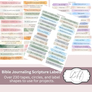 May include: A collection of Bible journaling scripture labels in various shapes and colors. The labels include phrases like "Fear not" and "The Lord is my refuge." The image also includes the text "Bible Journaling Scripture Labels."