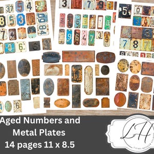 Alte Zahlen und Metallplatten Junk Journal Ideen für Scrapbooking Lieferungen und Junk Journaling Kunst Papier Basteln Lieferungen rostig beunruhigt