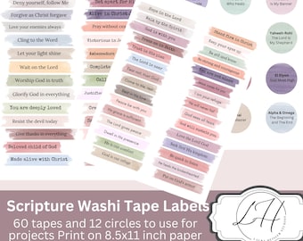 Etiquetas de cinta washi con las Escrituras, suministros digitales basados en la fe, etiquetas para diario de oración, etiquetas con las Escrituras para hacer tarjetas, pestañas con acuarela pastel