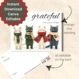 Modelo de cartão postal de agradecimento com gatinhos de feltro editável Canva, proprietários de pequenas empresas demonstram gratidão aos clientes com marca personalizável de gatos e gatinhos