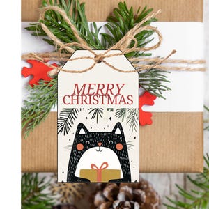 Etykiety na prezenty Black Kitty Merry Christmas Instant Download Etykieta na paczkę świąteczną, kotek, dawanie prezentów, zabawna, dziwaczna, kocia, zimowa prezentacja