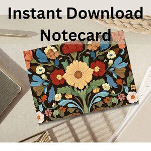 Cartões de nota em branco All Over Floral Black download instantâneo de um ou dois lados, papelaria de agradecimento para impressão comercial pessoal em negrito
