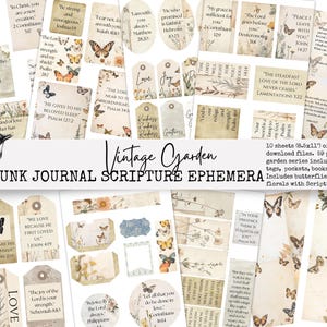 May include: Vintage Garden Junk Journal Scripture Ephemera digital download set. Ten sheets of printable ephemera with 59 pieces of vintage garden themed elements, including butterflies, birds, and florals. Each piece features a Bible verse from the ESV.