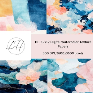 15 Blue and Blush Pink Watercolor Digital Paper Pack, elegant blues neutral texture papers for instant download, commercial use, printable