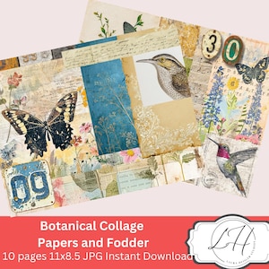Papier botanique pour collage et fourrage, téléchargement immédiat, papier imprimable pour carnet de bordel et kit numérique de collage de scrapbooking, feuilles oiseaux