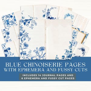 Junk Journal Kit blauwe chinoiserie-journaalpagina's met efmera en kieskeurige sneden.  Blauwe bloemen vogels vlinders kransen junkdagboekideeën