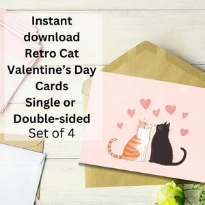 Postales retro de San Valentín con notas de gato, descarga instantánea, papelería de una o dos caras, imprimibles, vintage, gatos negros, gatitos, corazones