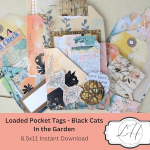 Große geladene Taschenanhänger für Junk Journals und Scrapbooking Schwarze Katze im Garten Thema Papier Journaling Verzierungen Bold Bunt