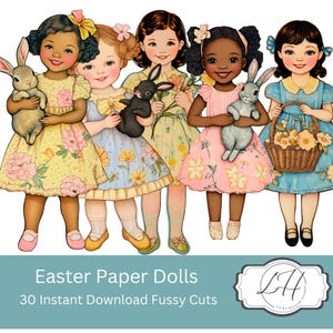 Muñecas de papel de Pascua: materiales recortados para diarios basura y álbumes de recortes. Descargas de primavera para hacer tarjetas y manualidades de temporada.