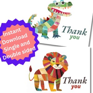 Kids Jungle Dankeschön Karte zum sofortigen Download einfach doppelseitig danke, Schreibwaren druckbare kommerzielle persönliche Löwenkrokodil