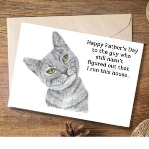 Cartão de Dia dos Pais da Cat Instant Download Mensagem Engraçada Arte Pintada à Mão, Amantes de Gatos Regras de Gatos, Pai Gato, Homem Gato, design dobrado em branco