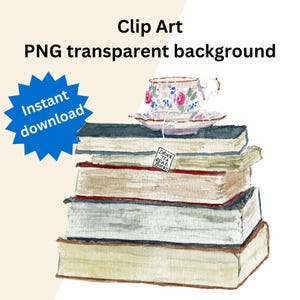 Beber té Leer libros Clip Art Manualidades Planificadores Descarga digital instantánea Tarjeta adhesiva Uso comercial Obra de arte original Libros de taza de té negro