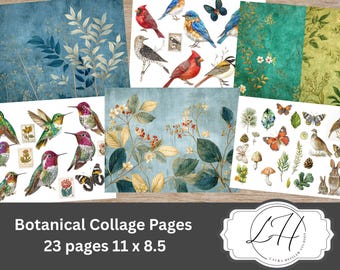 Botanical Ephemera Pack for Collage and Printable Cluster Kit of Birds Flowers Trees Hummingbirds papers for background and layering fox owl
