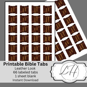 Może przedstawiać: Drukowane zakładki do Biblii o skórzanym wyglądzie. Zakładki są oznaczone nazwami ksiąg biblijnych. Jest 66 oznaczonych zakładek i 1 pusty arkusz.