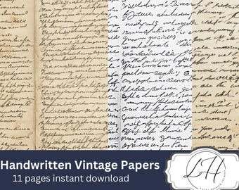 Op de afbeelding: Een collage van verouderde papieren vellen vol handschrift. De papieren hebben een vintage esthetiek met een sepia-tint. De tekst "Handwritten Vintage Papers" en "11 pages instant download" wordt onderaan weergegeven.