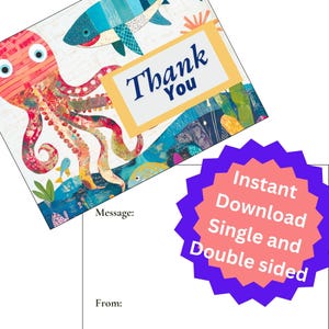 Octopus Shark bedankkaarten voor kinderen instant download enkel dubbelzijdig bedankkaartje, afdrukbaar commercieel persoonlijk oceaanthema voor briefpapier