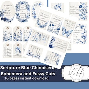 Könnte beinhalten: Blau-weiße, digitaler Papier-Paket zum Ausdrucken mit Bibelzitaten und Blumenmustern. Das Paket enthält 10 Seiten mit druckbaren Designs im blau-weißen Chinoiserie-Stil. Perfekt für Scrapbooking, Kartenherstellung und andere Papierarbeiten.