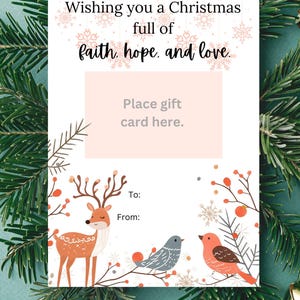 Porte-cartes cadeau Noël renne oiseau 5 x 7 et 4 x 6 imprimable Téléchargement instantané collègue carte vacances joyeux Noël Jésus foi espoir amour