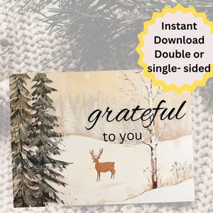 Modèle modifiable de carte postale de remerciement pour un cerf d'hiver Canva, les propriétaires de petites entreprises expriment leur gratitude à leurs clients, image de marque personnalisable, scène enneigée