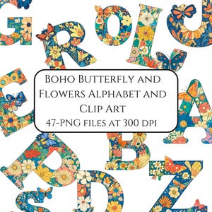Ensemble de 47 fichiers PNG papillon alphabet clip pour la fabrication de cartes, le scrapbooking et la décoration de chambre d'enfant bohème fournitures de journal floral Lerrers