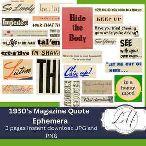 May include: A collage of vintage magazine clippings with various phrases and quotes, including "Hide the Body," "Chin up!," and "In a happy mood." The design features a retro aesthetic with a mix of fonts and colors, perfect for crafting projects.