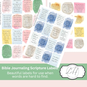 May include: Bible journaling scripture labels featuring verses from Psalms in various colours. The labels are designed for use in journals and include decorative elements and the text "Beautiful labels for use when words are hard to find."
