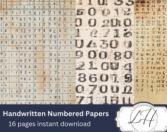 Vintage Handwritten Number Instant Download Digital paper for junk journal and scrapbooking cursive writing on aged pages writing ledger