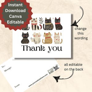 Katten Bedankkaarten sjabloon instant download enkel dubbelzijdig dankbaarheid briefpapier afdrukbare commerciële persoonlijke zwarte katten kitten
