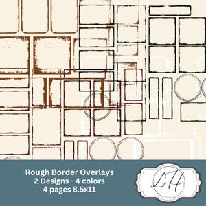 Könnte beinhalten: Eine Sammlung von rauen Rahmen-Overlays in verschiedenen rechteckigen und kreisförmigen Formen, in Braun und Schwarz, auf cremefarbenem Hintergrund. Der Text "Rough Border Overlays, 2 Designs - 4 Farben, 4 Seiten 8,5x11" ist enthalten.