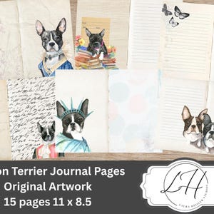 Páginas de diario Boston Terrier pintado original para suministros de diario basura y álbumes de recortes, páginas imprimibles de retratos de mascotas, diario de arte, amantes de los perros