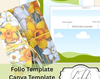 Template Junk Journal Folio and Scrapbooking digital shapes of journal base pockets tags Daffodil Canva template trifold style Junk idea