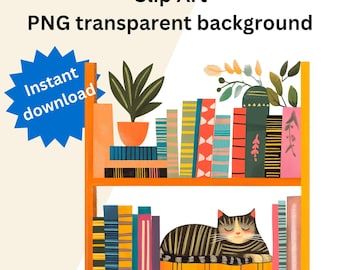 Cat on Bookcase Clipart Colorful Books Digital Download Lying Cat Illustration for Personal and Commercial Use Instant Download