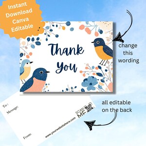 Cartões de agradecimento com pássaros e flores Modelo Canva para download instantâneo, papelaria de gratidão frente e verso, comercial, pessoal e editável