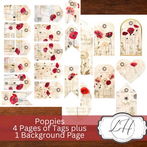 Druckbare Ephemera Tags für junk Journaling und scrapbook Lieferungen Download Scrapbook Junking Blumen Mohnblume Rote Blumen Kunst Liefert