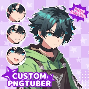 May include: A digital illustration of a character with dark teal hair and bright blue eyes, wearing a green hoodie and dark apron. Three circular headshots show different facial expressions. Text reads FREE EMOTE and CUSTOM PNGTUBER.