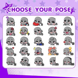 Cute anime emotes designed for VTubers, PNGTubers and streamers. Custom reaction icons for Twitch, Kick, Discord and YouTube with unique expressions, pets, mascots and channel branding.