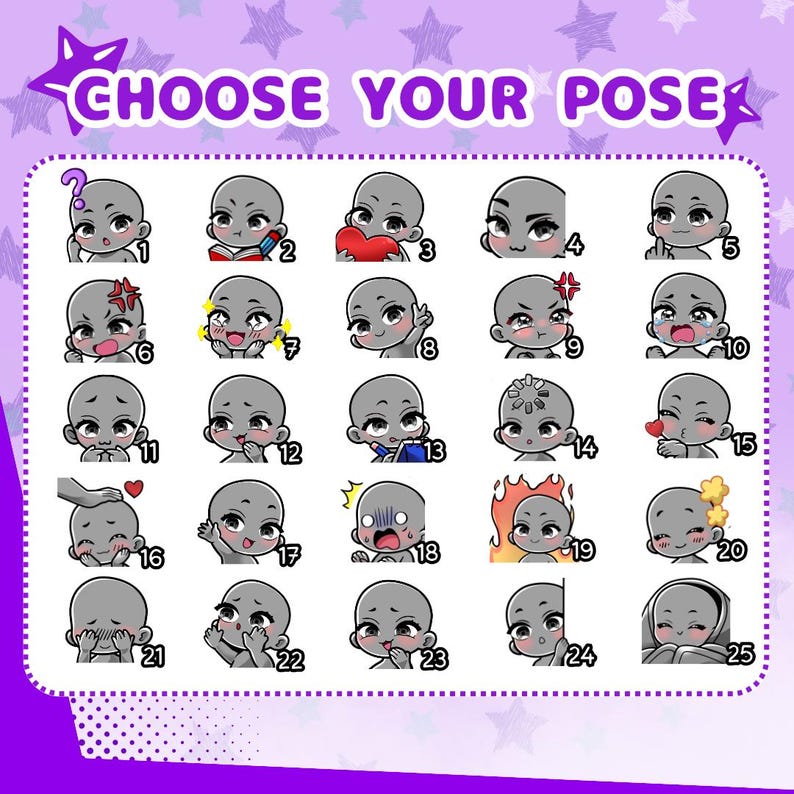 Cute anime emotes designed for VTubers, PNGTubers and streamers. Custom reaction icons for Twitch, Kick, Discord and YouTube with unique expressions, pets, mascots and channel branding.
