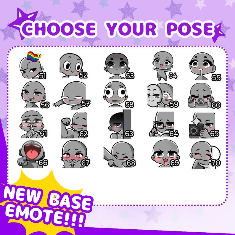 Cute anime emotes designed for VTubers, PNGTubers and streamers. Custom reaction icons for Twitch, Kick, Discord and YouTube with unique expressions, pets, mascots and channel branding.