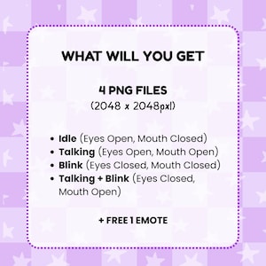 May include: A digital information graphic with the text WHAT WILL YOU GET, 4 PNG FILES (2048 x 2048pxl), Idle (Eyes Open, Mouth Closed), Talking (Eyes Open, Mouth Open), Blink (Eyes Closed, Mouth Closed), Talking + Blink (Eyes Closed, Mouth Open) + FREE 1 EMOTE.