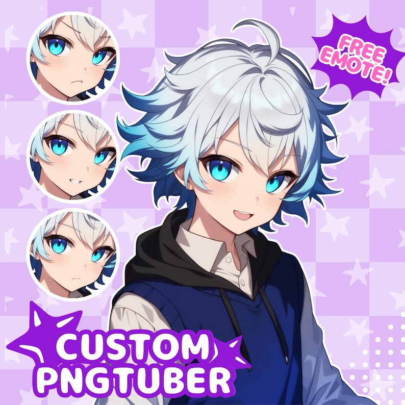May include: A digital illustration of an anime-style character with spiky white and blue hair and bright blue eyes. The character wears a dark blue hoodie over a white collared shirt. Three circular headshots show different expressions. Text reads FREE EMOTE! and CUSTOM PNGTUBER.